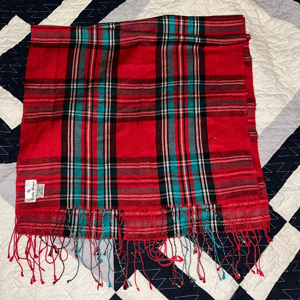 Sabby Anand Pashmina wool silk fringe plaid scarf 72” x 18”